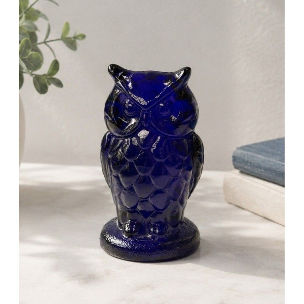 Vintage Mosser Glass Owl Figurine Paperweight Cobalt Blue Signed M 4”